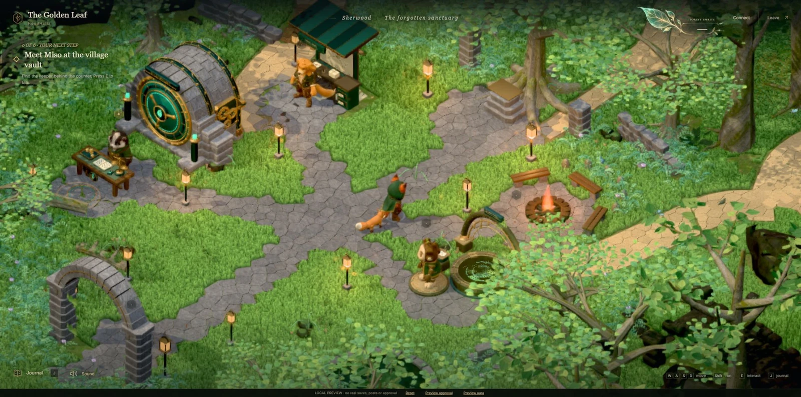 Actual gameplay from Sherwood: an isometric forest village with paths, meeting places and characters to discover