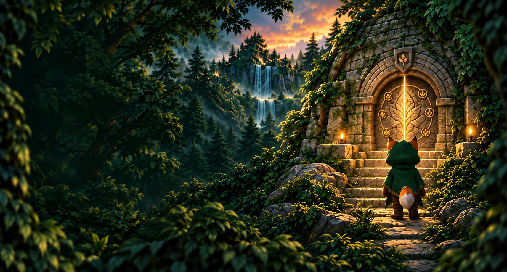 A green-cloaked fox approaches a glowing Golden Leaf temple in the forest of Sherwood